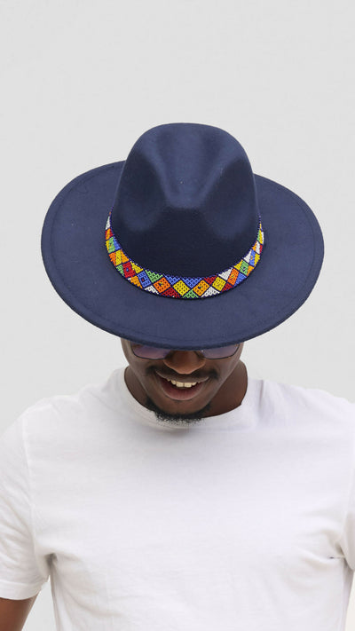 Umbo Collections Beaded Fedora Hat - Navy Blue