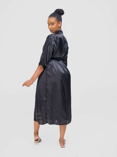 Iristyle Satin Long Robe - Black - Shopzetu