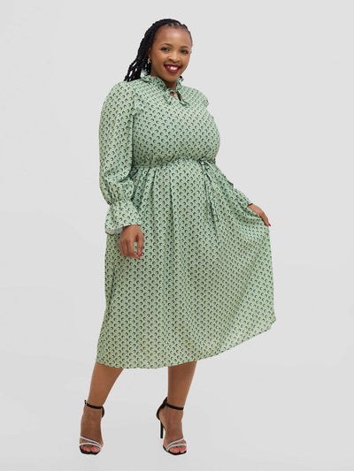 Hessed Polka Dot Ruffle Flare Sleeve Beled Chiffon Dress - Green - Shopzetu