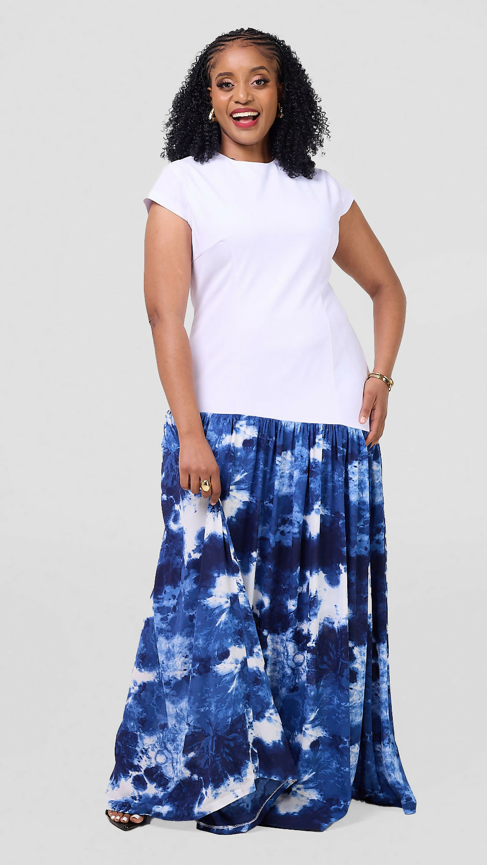 Pure Buxom Asymmetric Dropped Waist Gather Dress – Blue