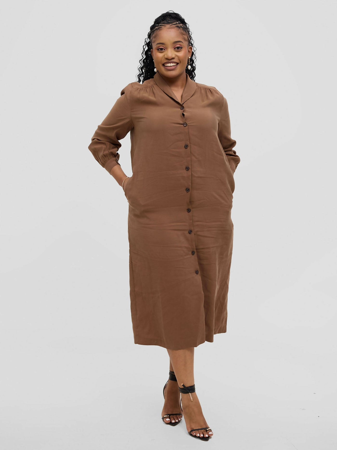 Hessed Long Sleeved Down Buttoned Dress - Brown - Shopzetu
