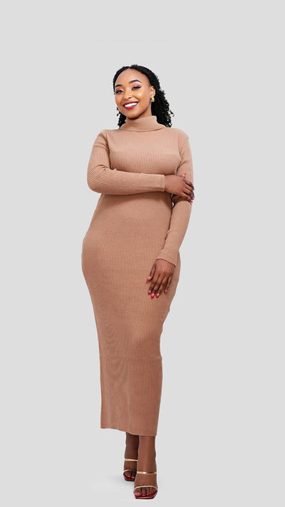 The Fashion Frenzy Pollneck Bodycon - Khaki - Shopzetu
