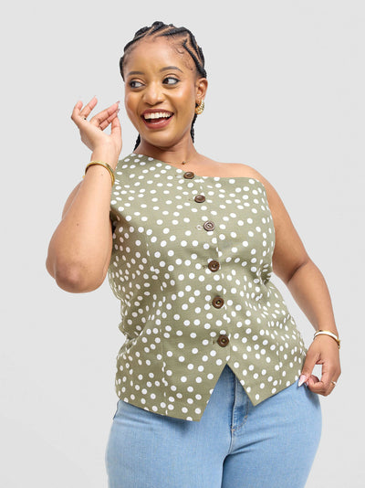 Pure Buxom Polka One Shoulder Vest Top - Green - Shopzetu