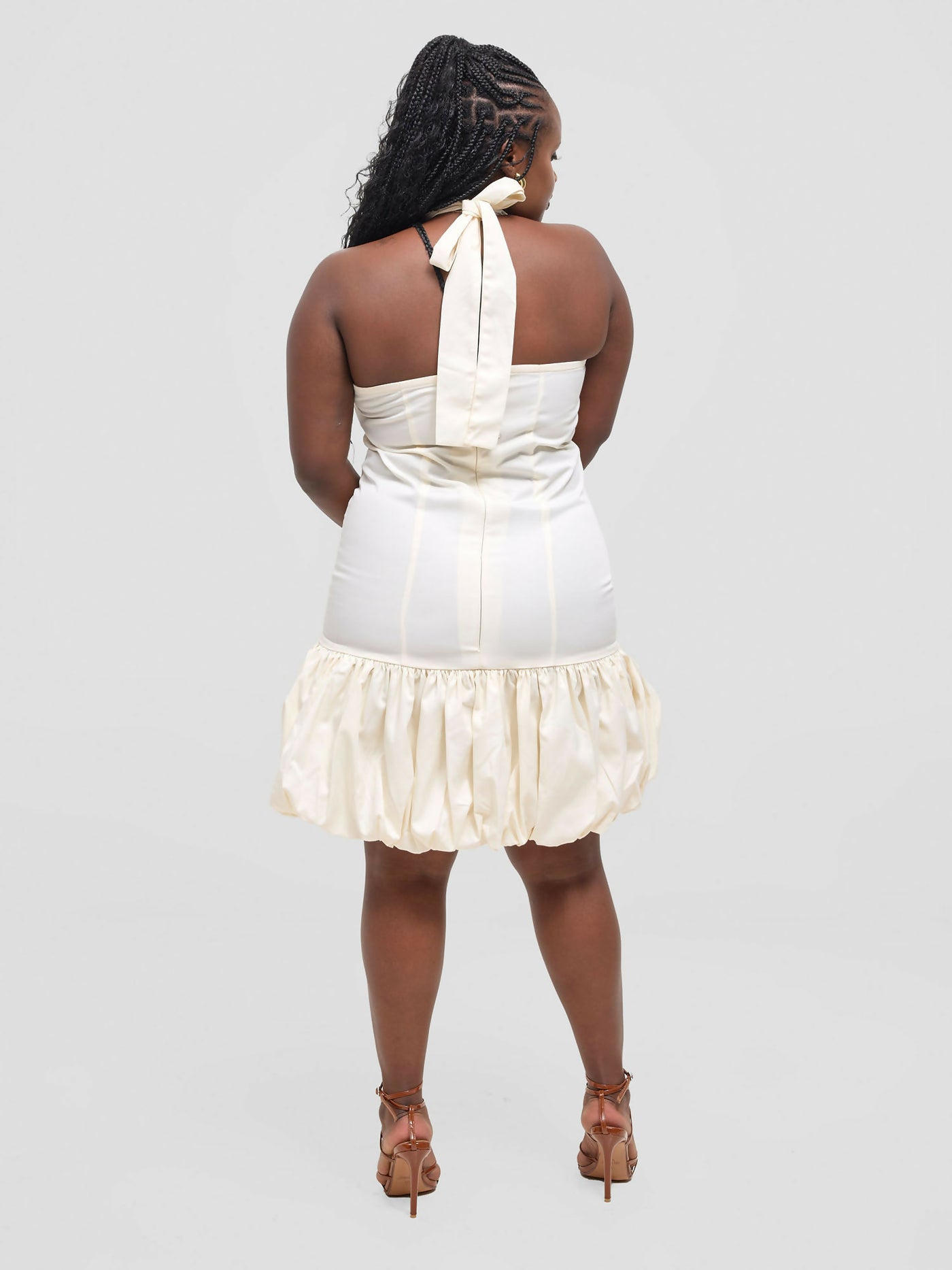 Pure Buxom Polka Bubble Hem Halter Mini Dress - Cream - Shopzetu
