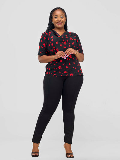 Laika House Clover Cowl Neck Blouse - Black / Red - Shopzetu
