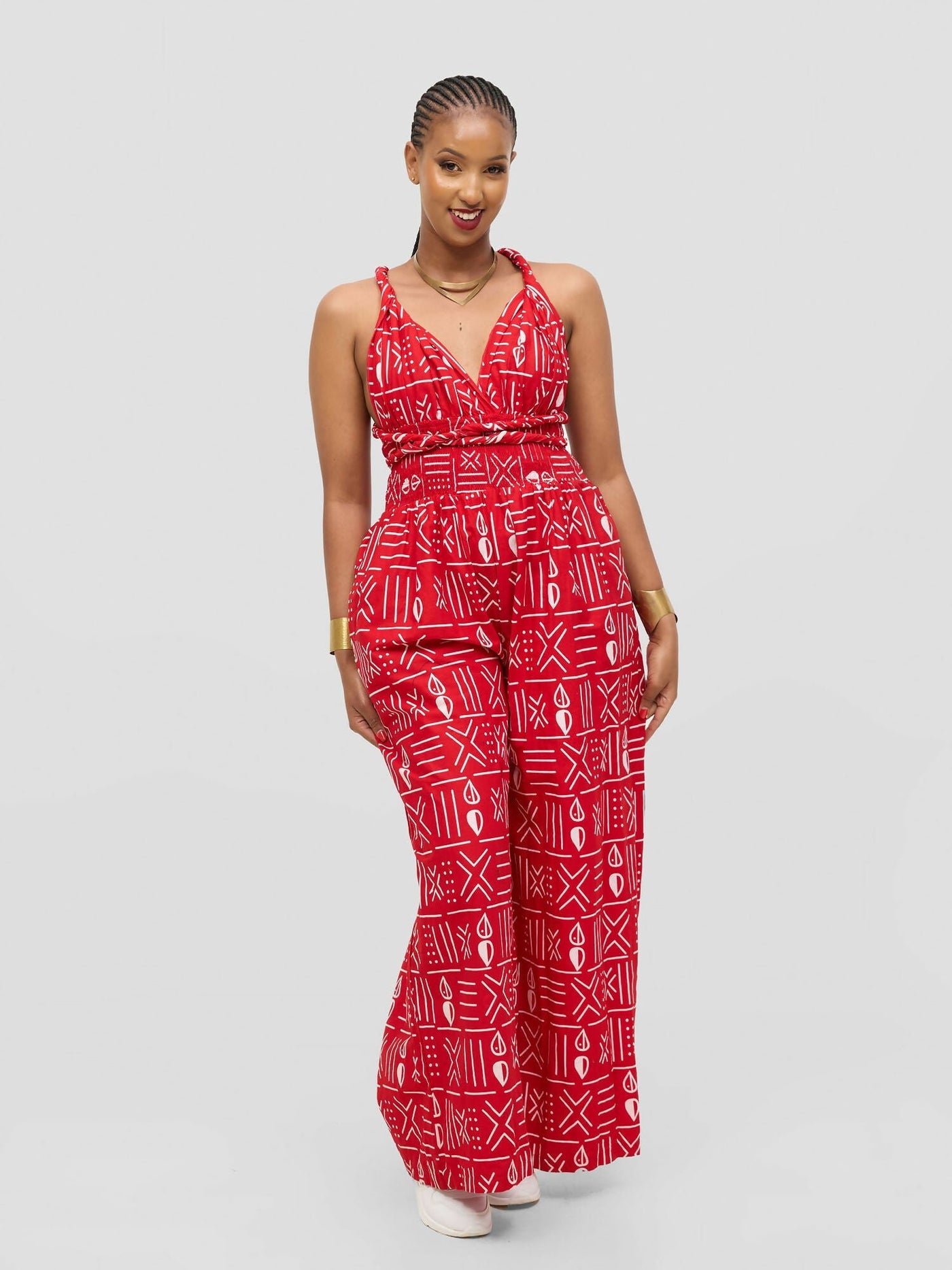 Waridi Africa Njema Jumpsuit - Red /White African Print - Shopzetu