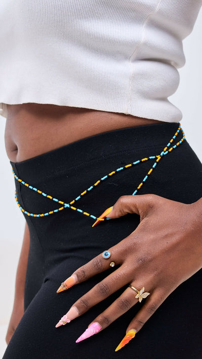 Dianaah J Beaded Double Waist Bead Necklace - Blue / Yellow - Shopzetu