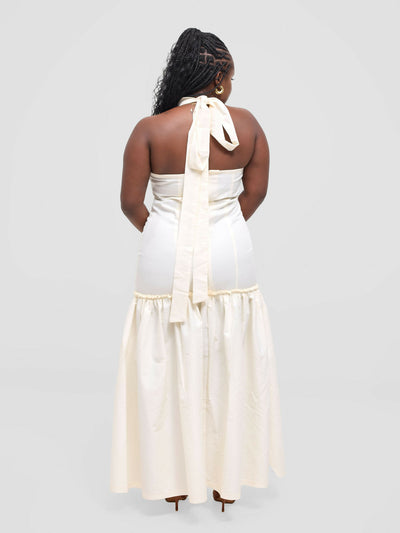 Pure Buxom Drop Waist Halter Dress Long - Cream - Shopzetu