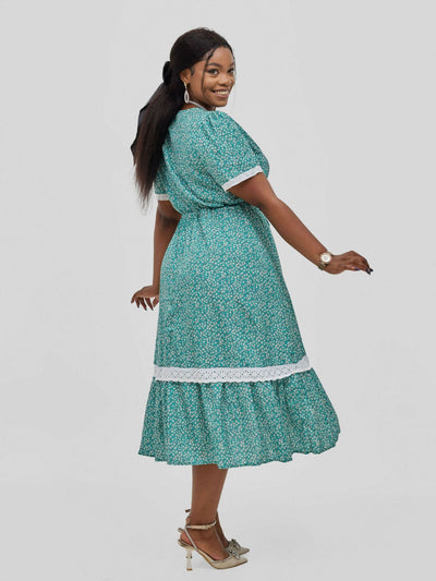 Hessed Wrap V - Neck Short Sleeve Floral With Belt Dress - Blue - Shopzetu
