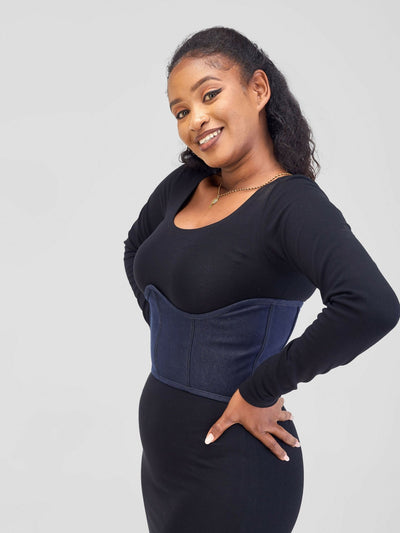 Misstical Denim Belt Under Bust Lace Up Boning Corset Top - Navy Blue - Shopzetu