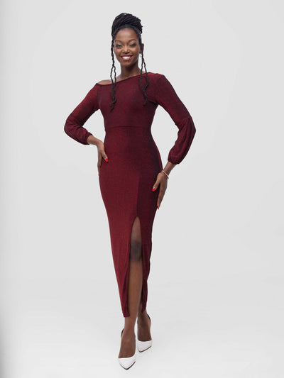 Stylish Sisters Bodycon Shimmering Dress - Maroon - Shopzetu