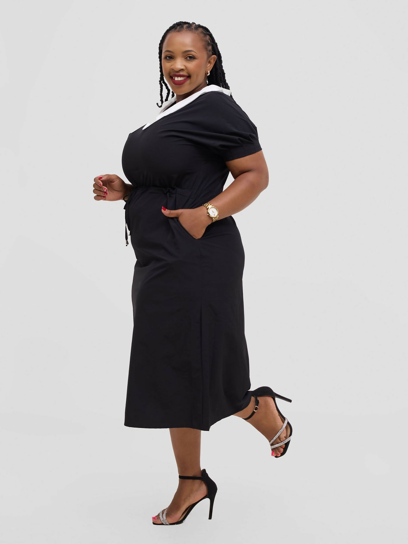 Hessed Peter Pan Collar Drawstring Dress - Black - Shopzetu