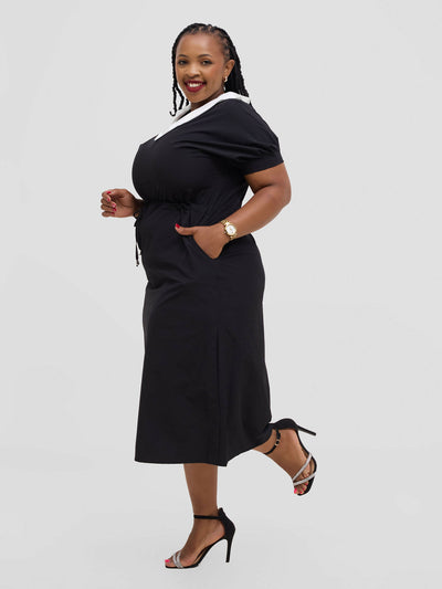 Hessed Peter Pan Collar Drawstring Dress - Black - Shopzetu