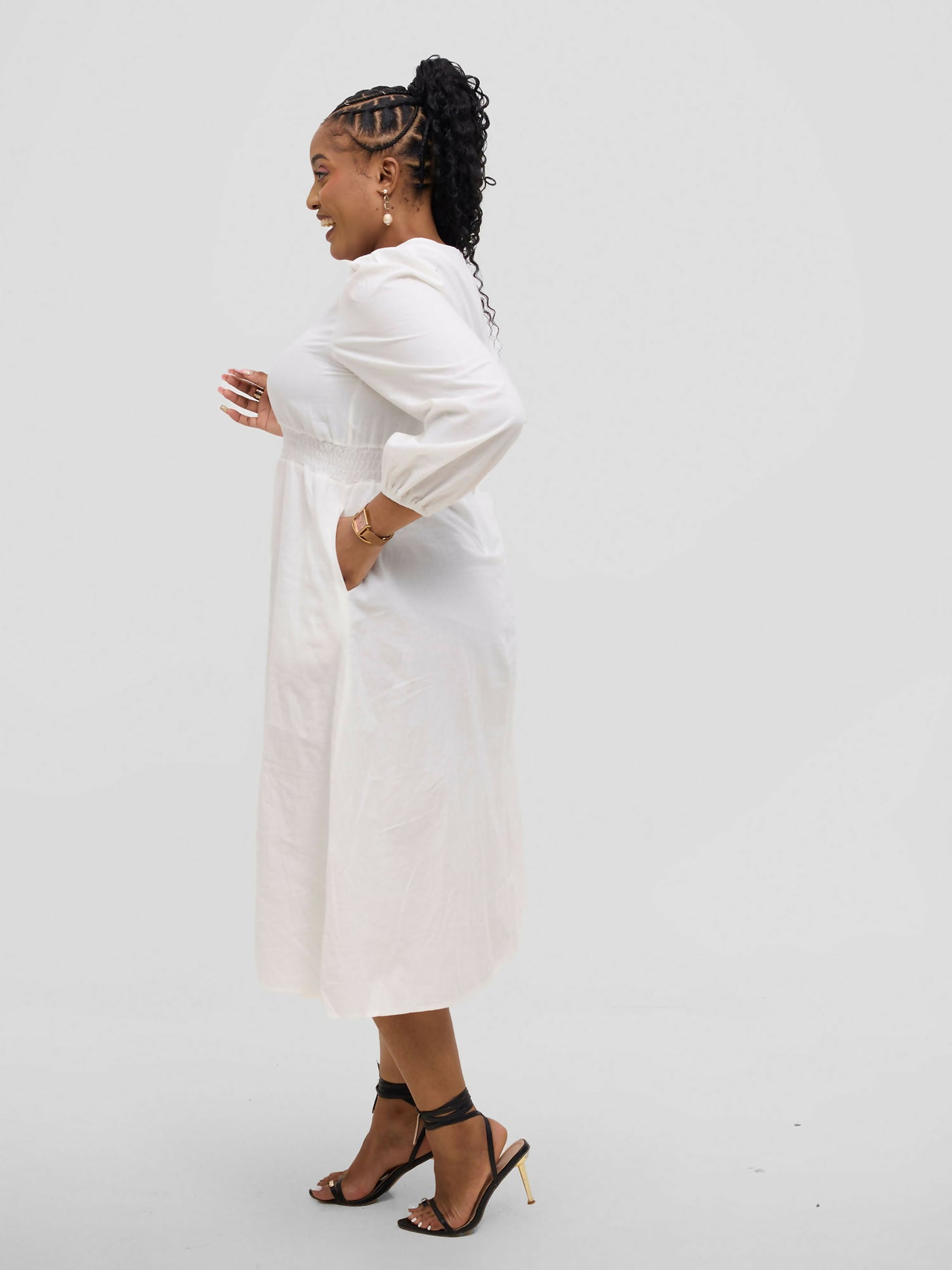 Hessed Round Neck Aline Long Sleeved Dress - White - Shopzetu