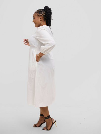 Hessed Round Neck Aline Long Sleeved Dress - White - Shopzetu