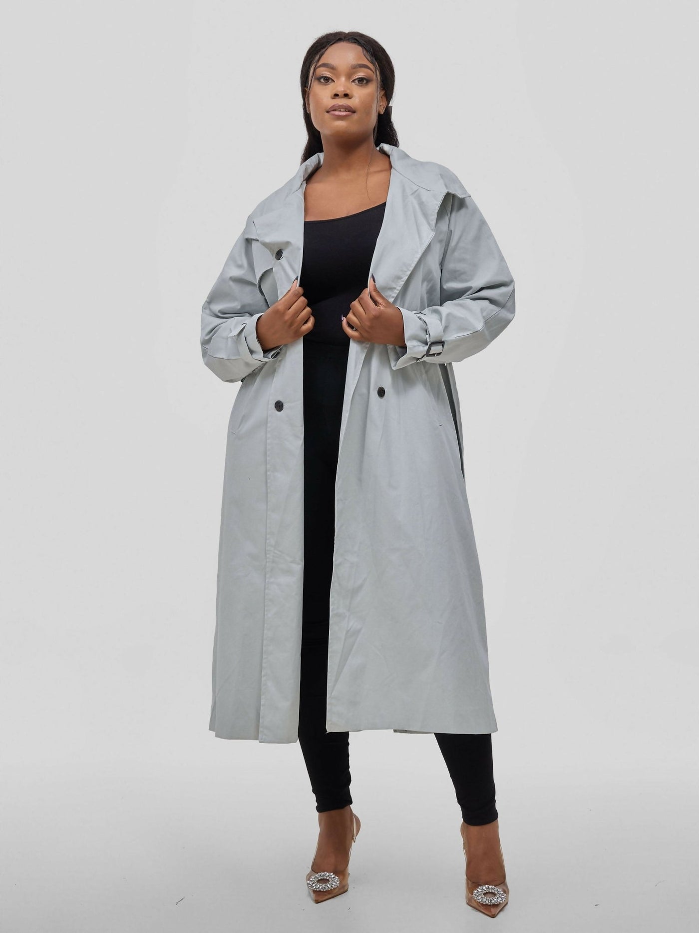 Hessed Double Breasted Buttoned & Belt Trench Coat - Blue - Shopzetu