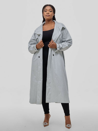 Hessed Double Breasted Buttoned & Belt Trench Coat - Blue - Shopzetu