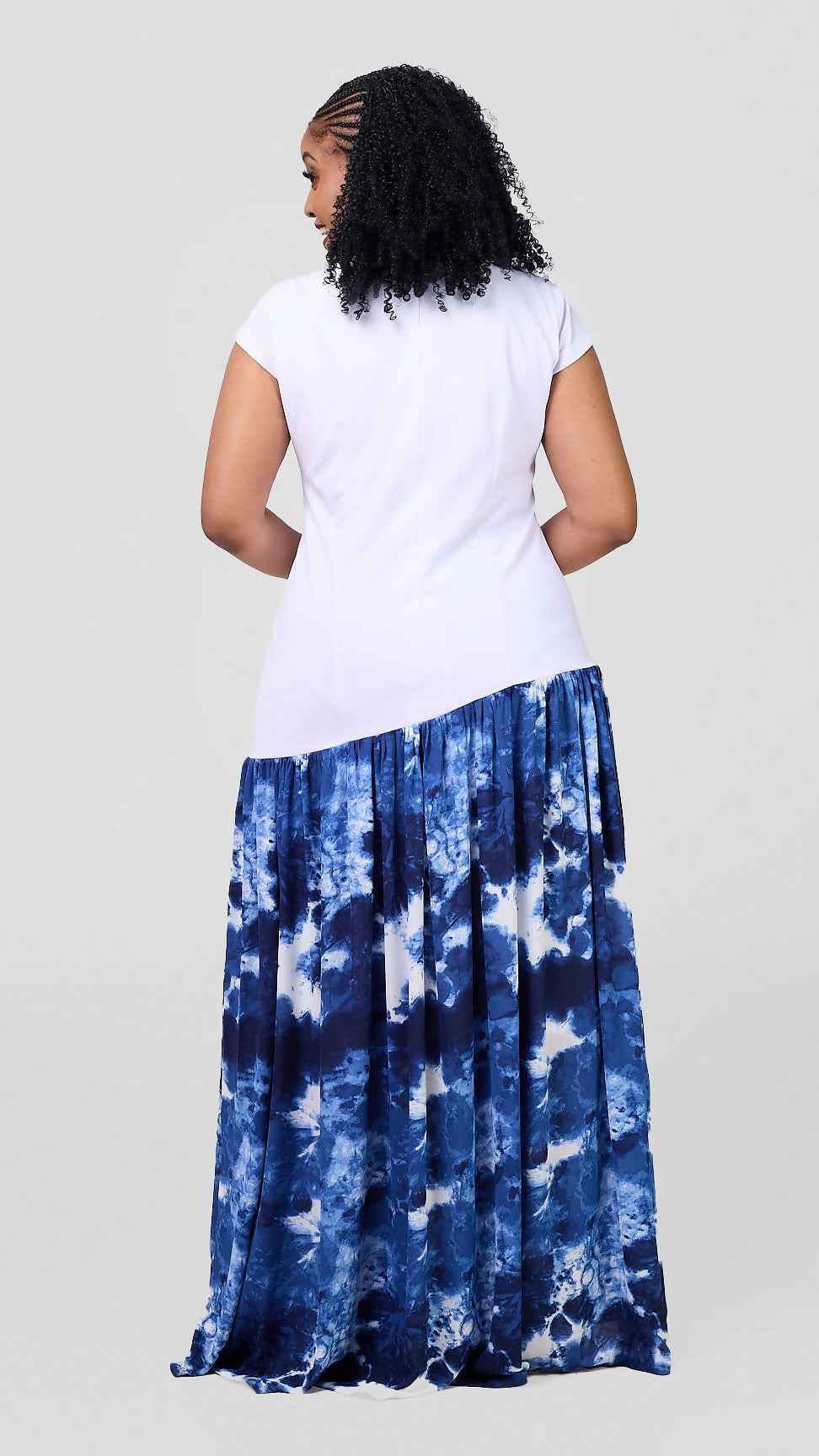 Pure Buxom Asymmetric Dropped Waist Gather Dress – Blue
