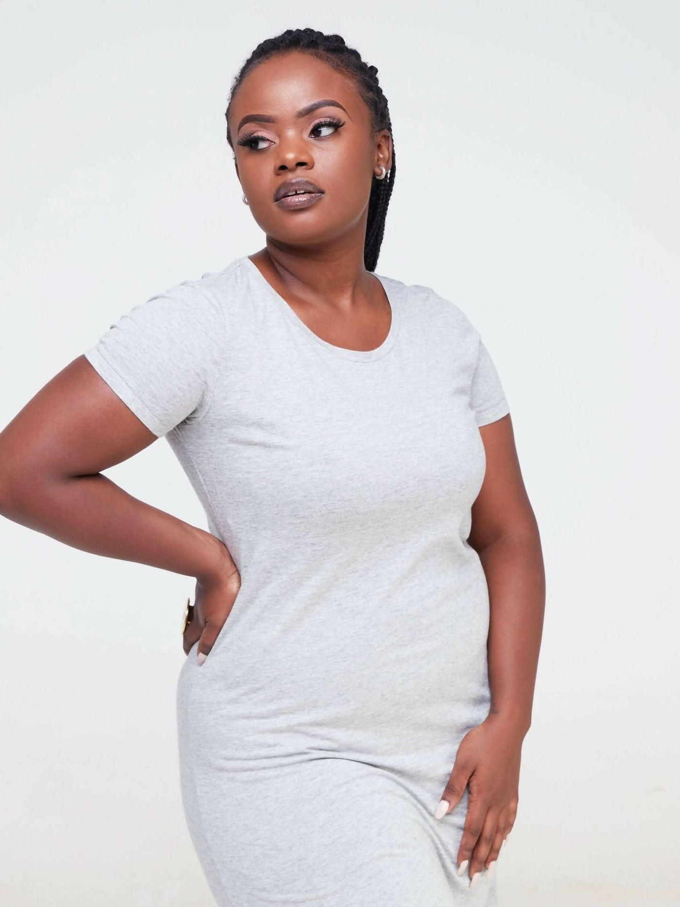 Hessed Sleeved Midi Plain Dress - Shopzetu