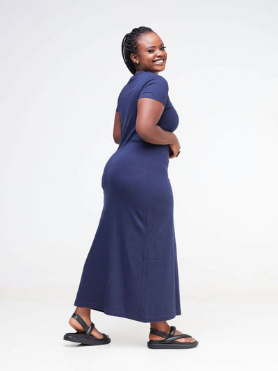 Hessed Sleeved Midi Plain Dress - Navy blue - Shopzetu