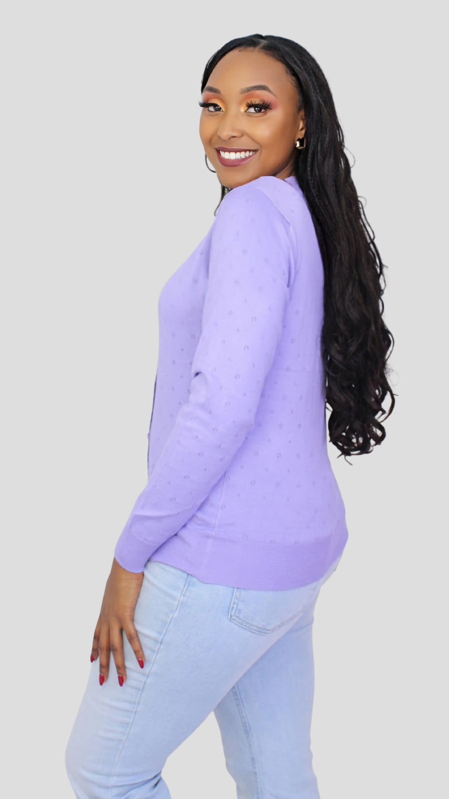 The Fashion Frenzy Pointelle Button Through Knit Cardigan – Purple