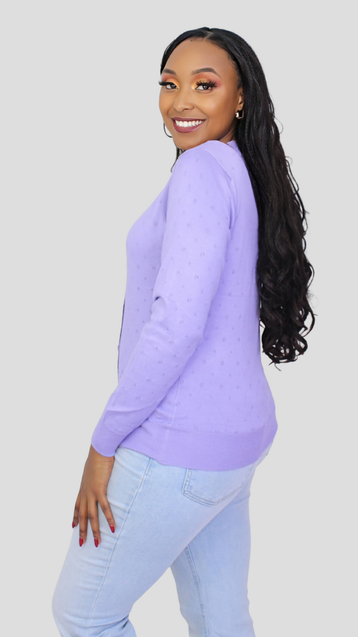 The Fashion Frenzy Pointelle Button Through Knit Cardigan – Purple