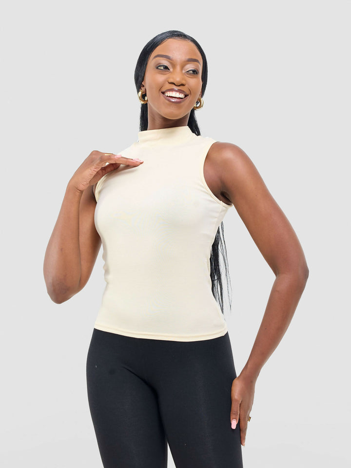 Anel's Knitwear Sleeveless Turtle Neck Top - Cream - Shopzetu