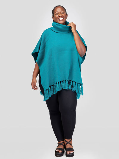 Vivo Turtleneck Knit Fringe Poncho - Teal - Shopzetu