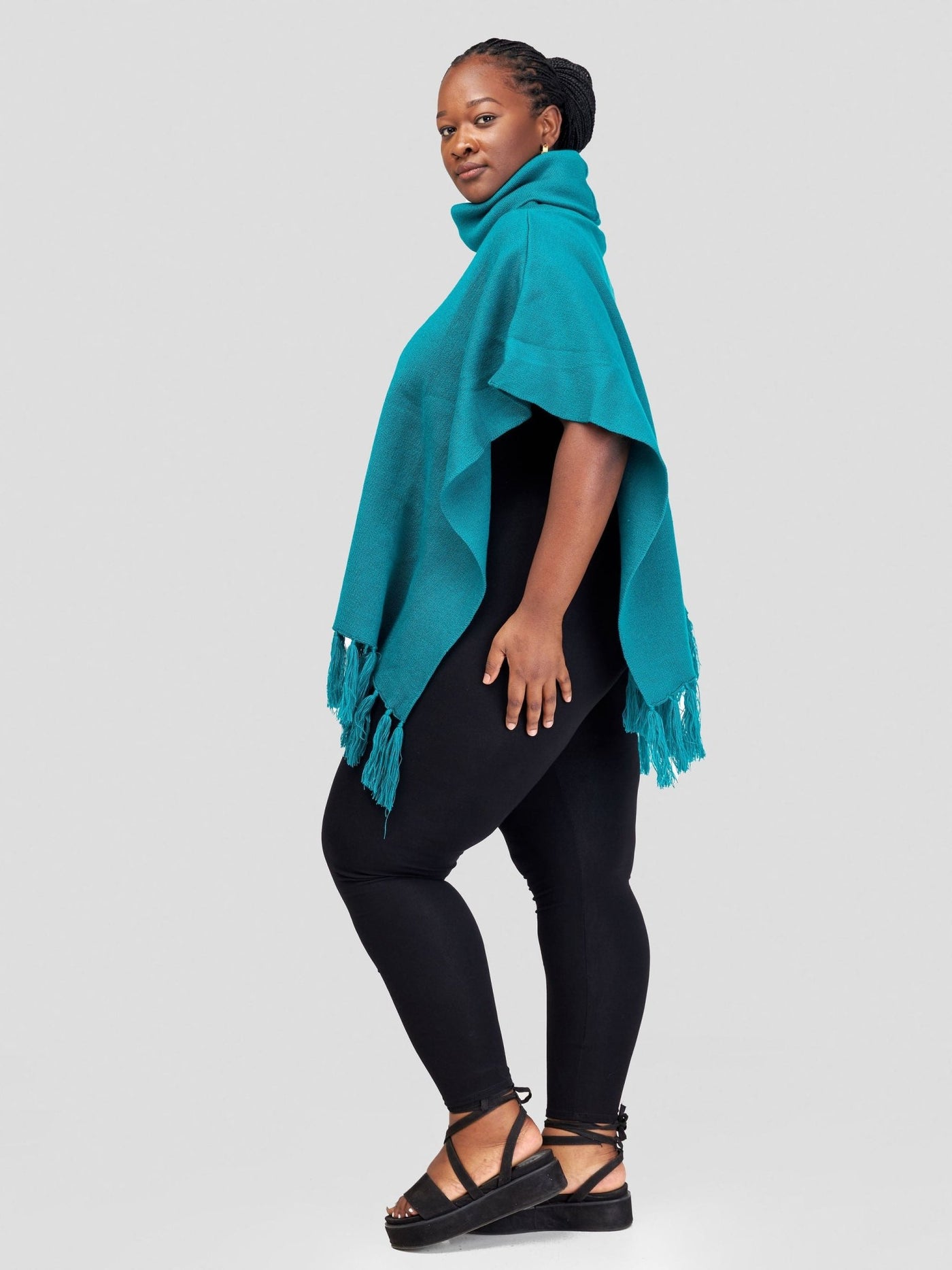 Vivo Turtleneck Knit Fringe Poncho - Teal - Shopzetu