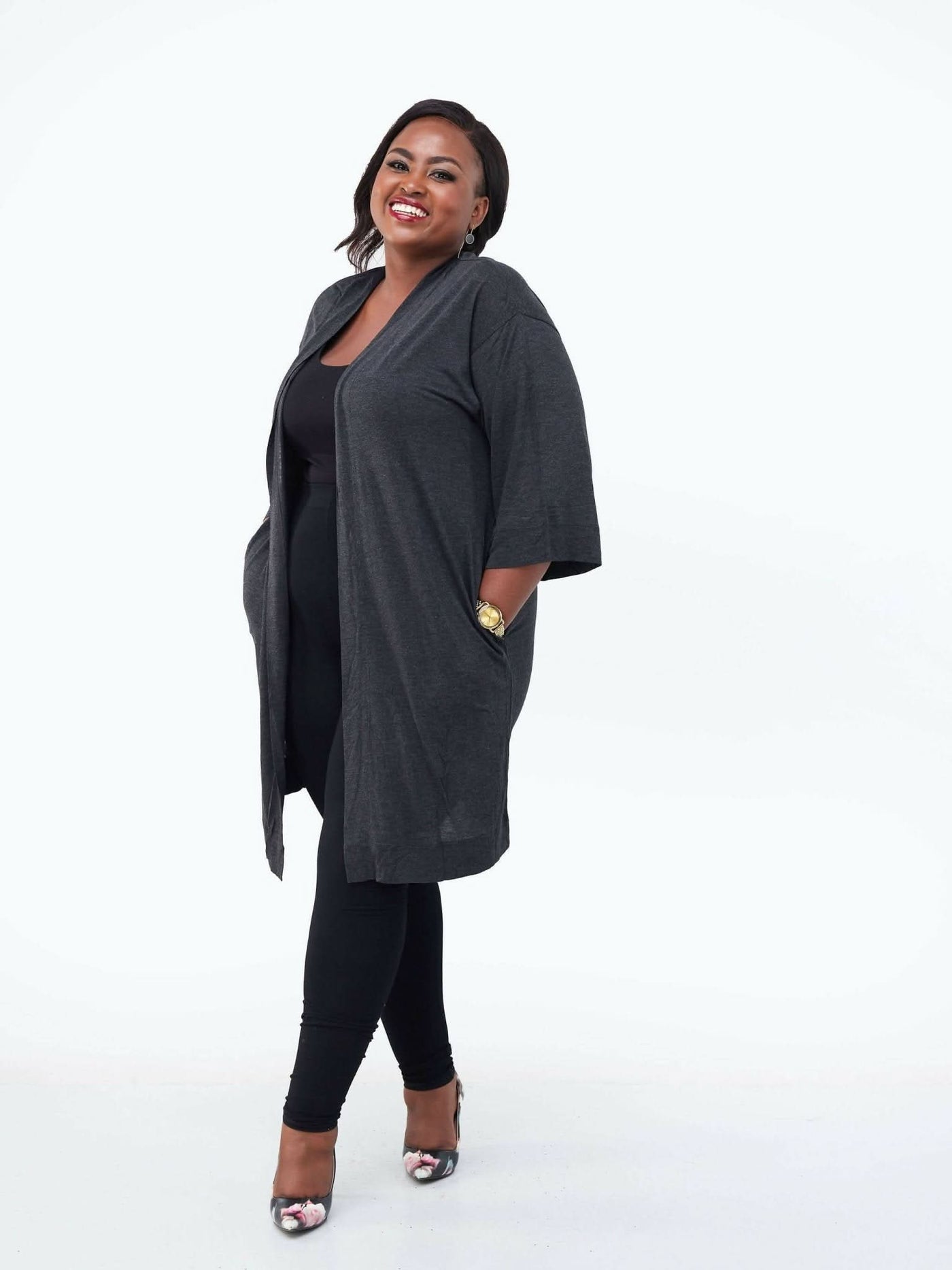 Hessed Long Buttonless Waterfall - Dark Grey - Shopzetu