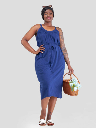 Hessed Round Neck Sleeveless Dress - Blue - Shopzetu