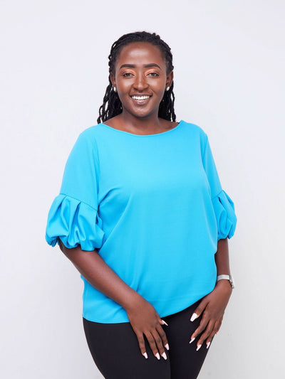 Vivo Basic Boundneck Puff Sleeve Top - Blue - Shopzetu