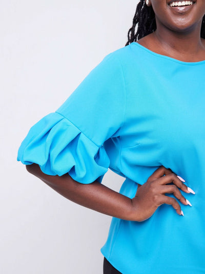 Vivo Basic Boundneck Puff Sleeve Top - Blue - Shopzetu