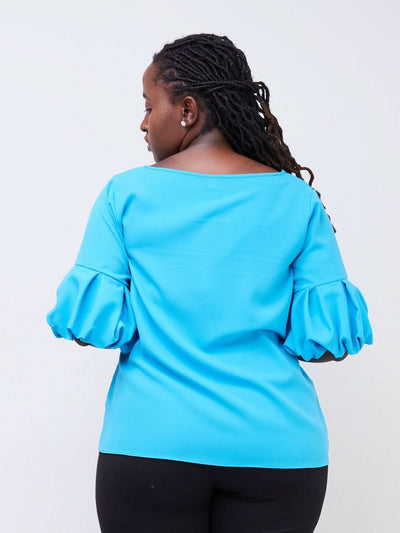 Vivo Basic Boundneck Puff Sleeve Top - Blue - Shopzetu