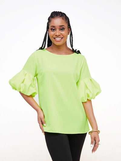 Vivo Basic Boundneck Puff Sleeve Top - Lime Green - Shopzetu