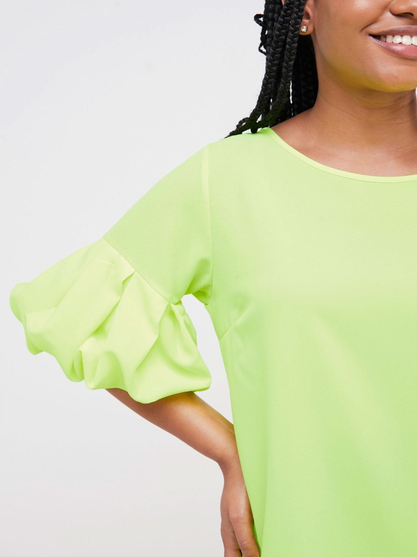 Vivo Basic Boundneck Puff Sleeve Top - Lime Green - Shopzetu