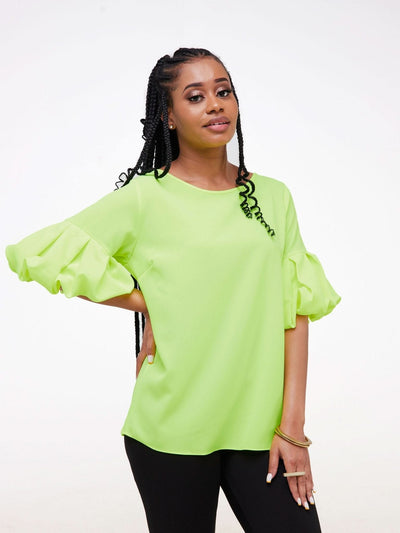 Vivo Basic Boundneck Puff Sleeve Top - Lime Green - Shopzetu