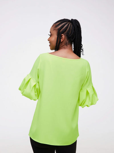 Vivo Basic Boundneck Puff Sleeve Top - Lime Green - Shopzetu