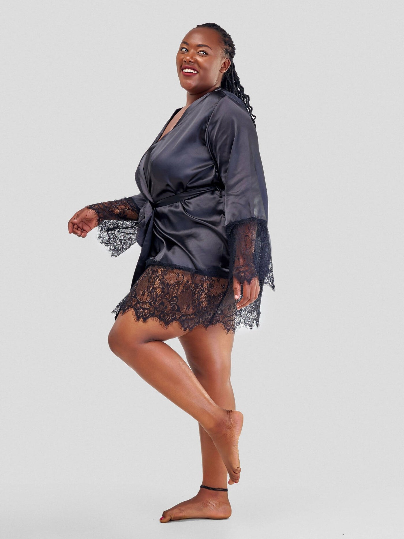 Intimates Kenya Eyelash Lace Nightdress Silk Long Sleeves Sleepwear with G String - Black - Shopzetu