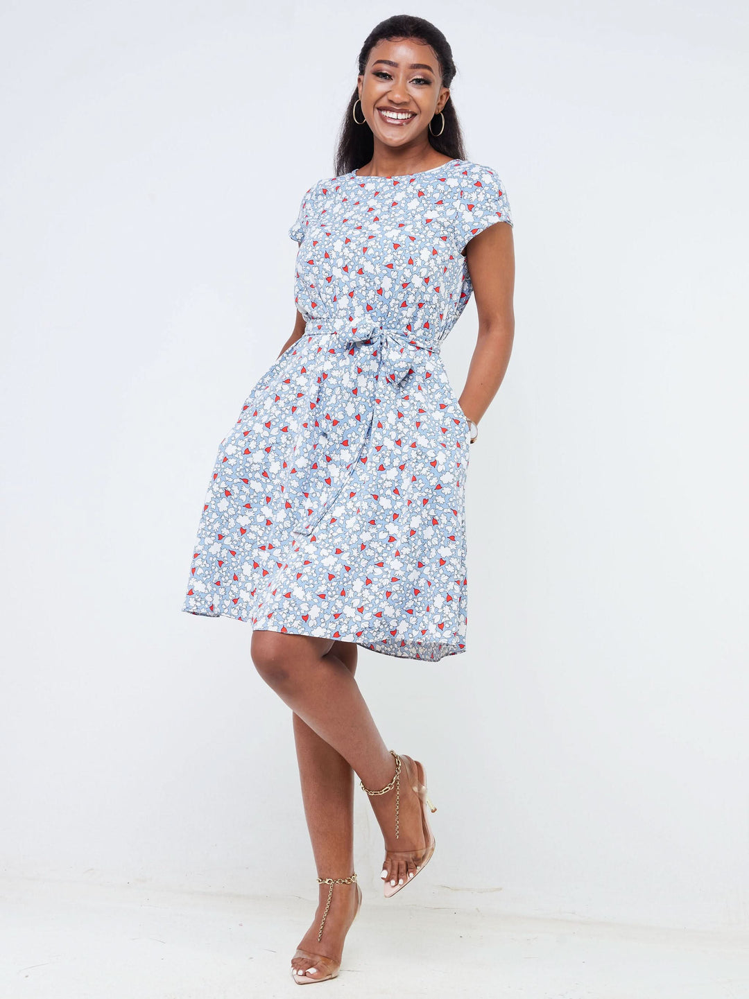 Vivo Basic Cap Sleeve Knee Length Tent Dress - Blue / Red Floral Print