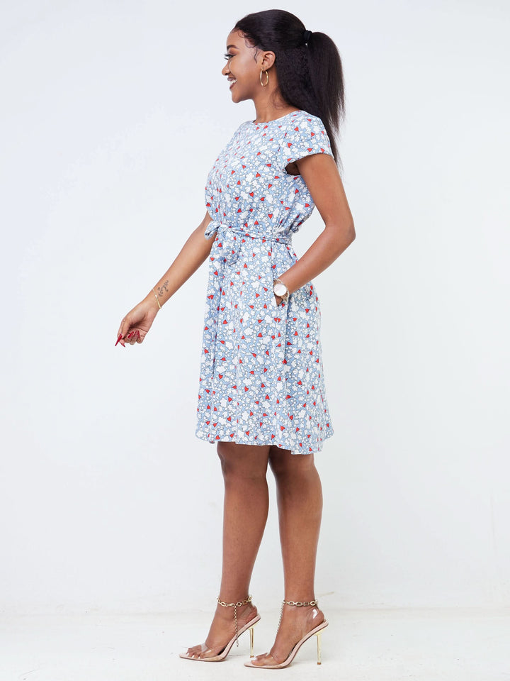 Vivo Basic Cap Sleeve Knee Length Tent Dress - Blue / Red Floral Print