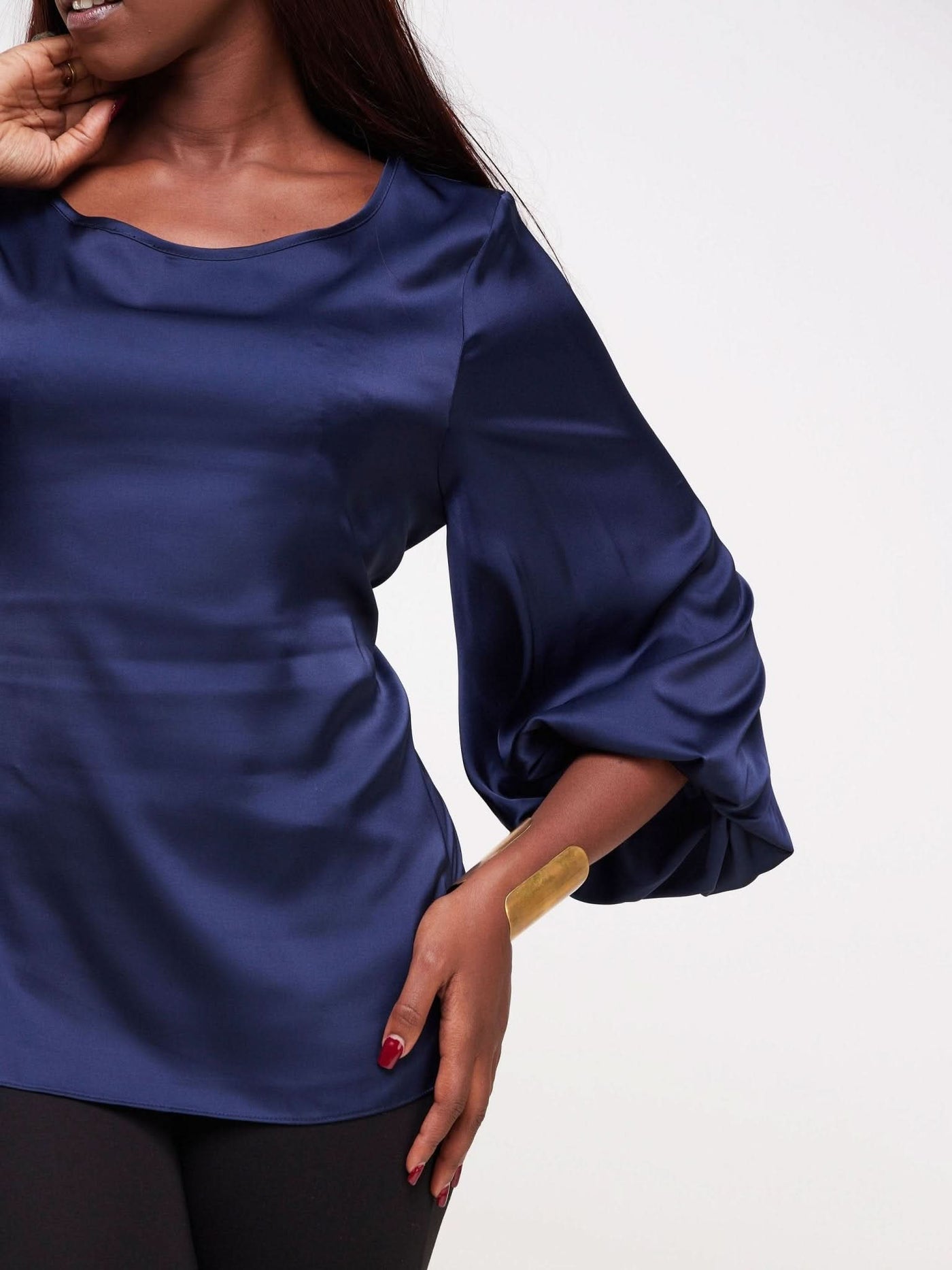 Vivo Basic Izzy Satin Bishop Sleeve Top - Navy Blue - Shopzetu