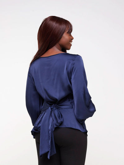 Vivo Basic Izzy Satin Bishop Sleeve Top - Navy Blue - Shopzetu