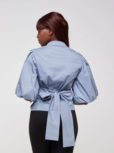 Safari Mali 3/4 Bishop Sleeve Tie Top - Light Grey - Shopzetu