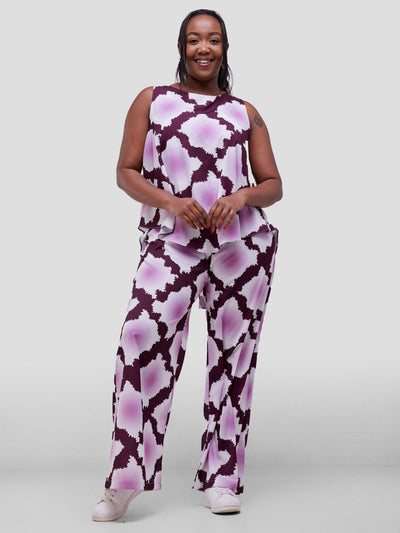 Vivo Soleil Sleeveless Drape Jumpsuit - Mulberry / Dusty Pink Almasi Print - Shopzetu