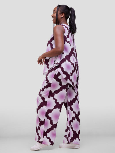 Vivo Soleil Sleeveless Drape Jumpsuit - Mulberry / Dusty Pink Almasi Print - Shopzetu