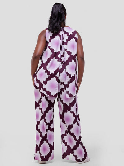 Vivo Soleil Sleeveless Drape Jumpsuit - Mulberry / Dusty Pink Almasi Print - Shopzetu