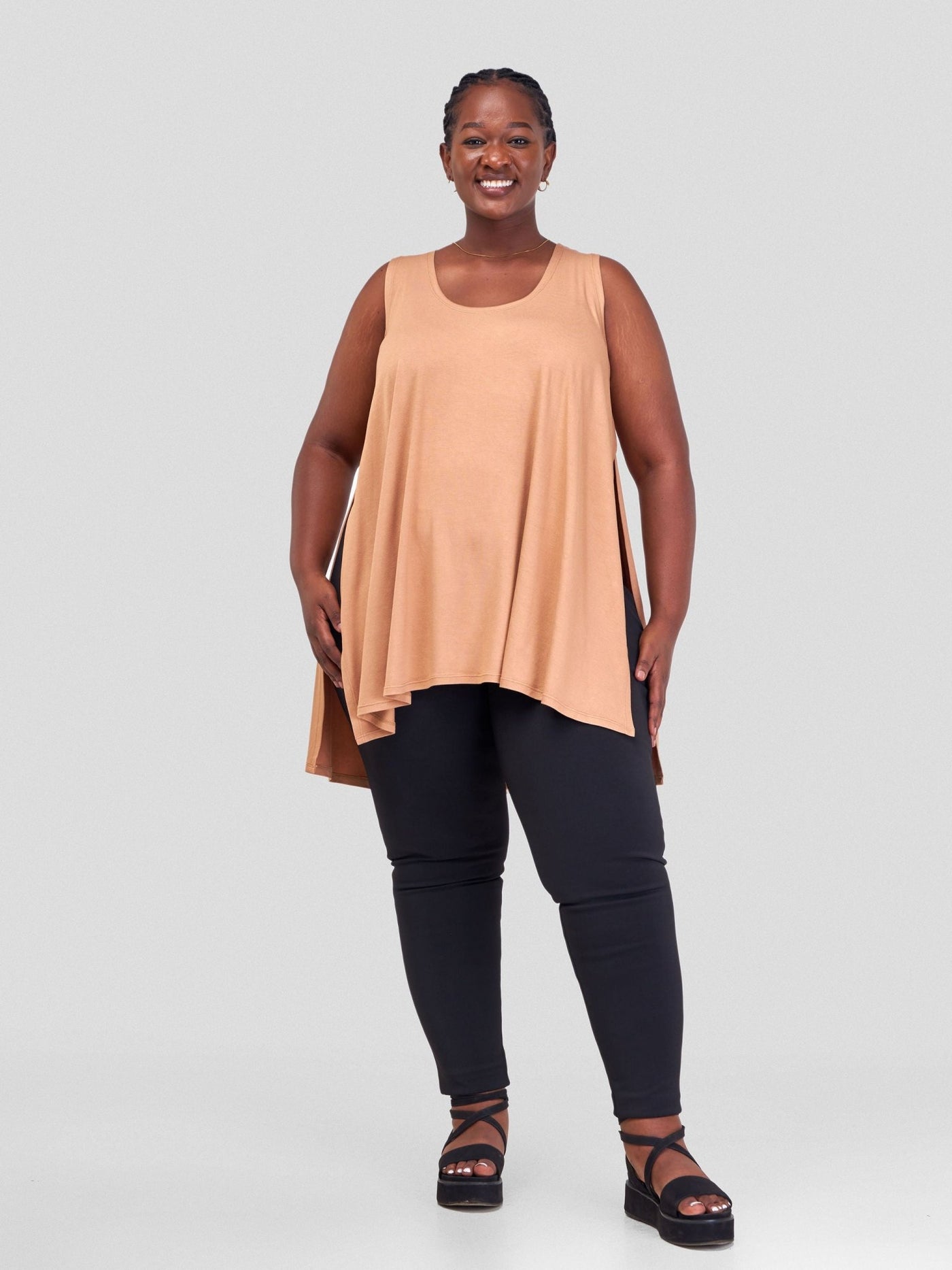 Vivo Amara Sleeveless High Low Top - Tan - Shopzetu