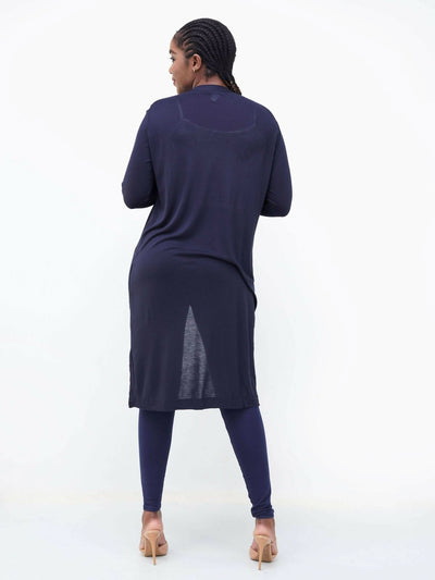 Hessed Long Buttoned Waterfall - Navy Blue - Shopzetu