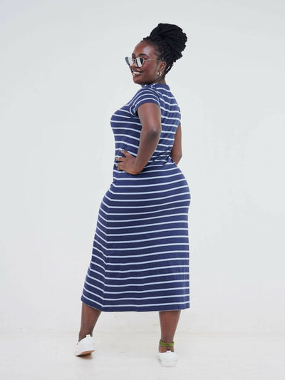 Hessed Sleeved Midi Stripped Dress - Blue - Shopzetu